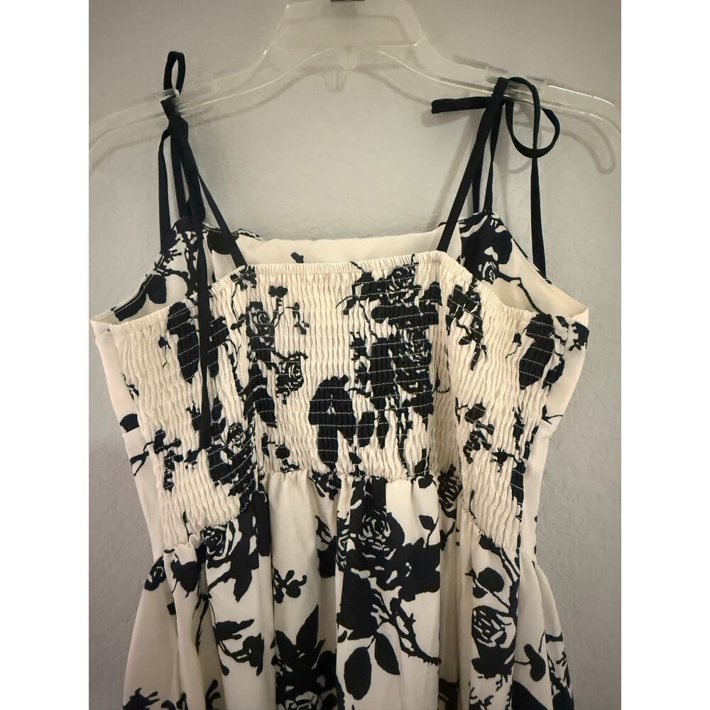 Black White Floral Tie Strap Midi Dress Cottagecore Romantic Dress A Line Medium - Picture 3 of 5
